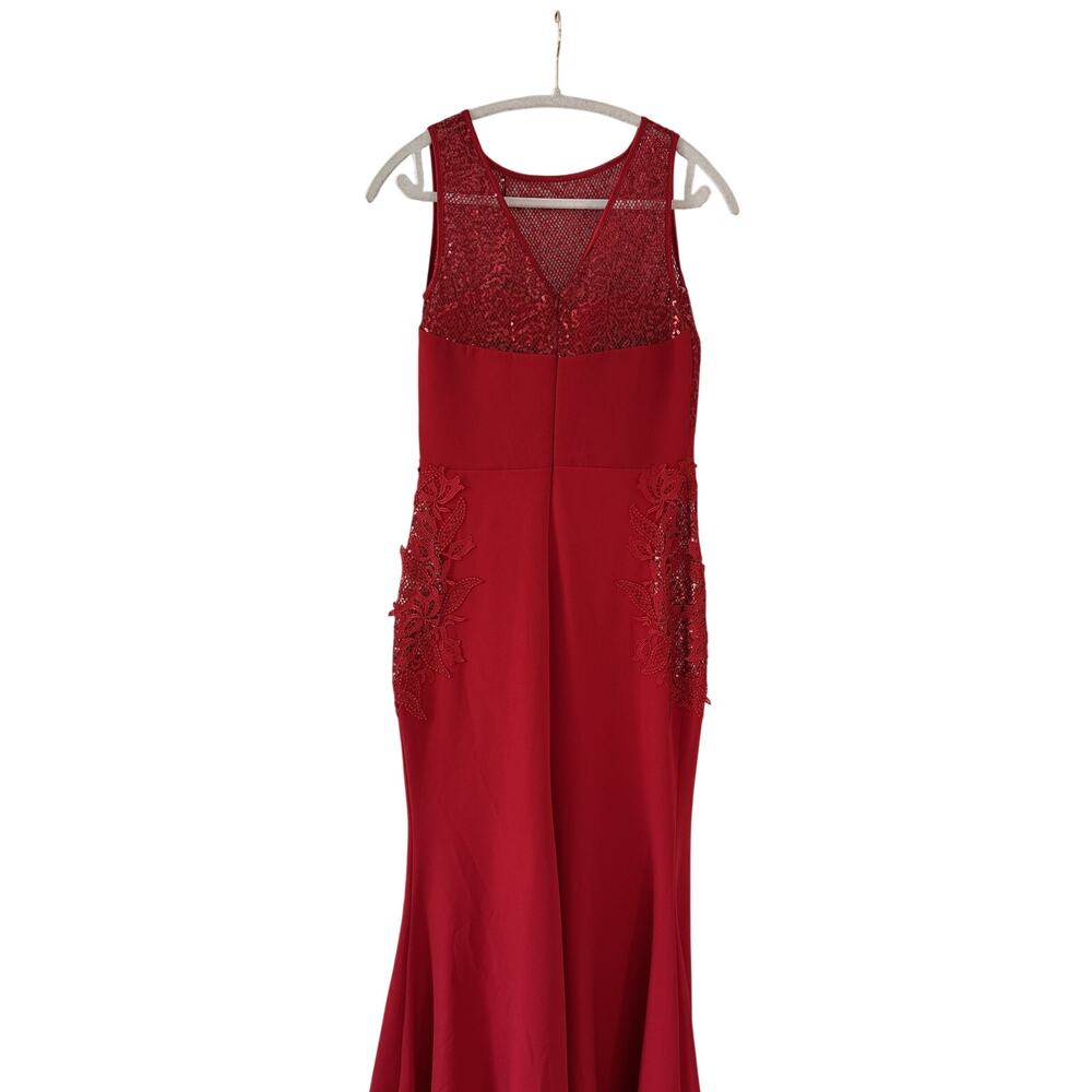 Red Sleeveless Sequin Evening Gown with Lace Detail - Picture 9 of 10
